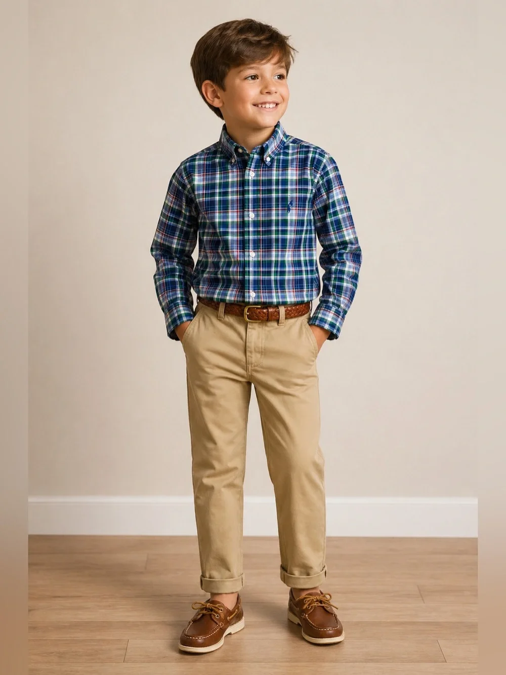 Ralph Lauren Boys Size 7 Plaid Button Down Shirt Blue Green Cotton Preppy